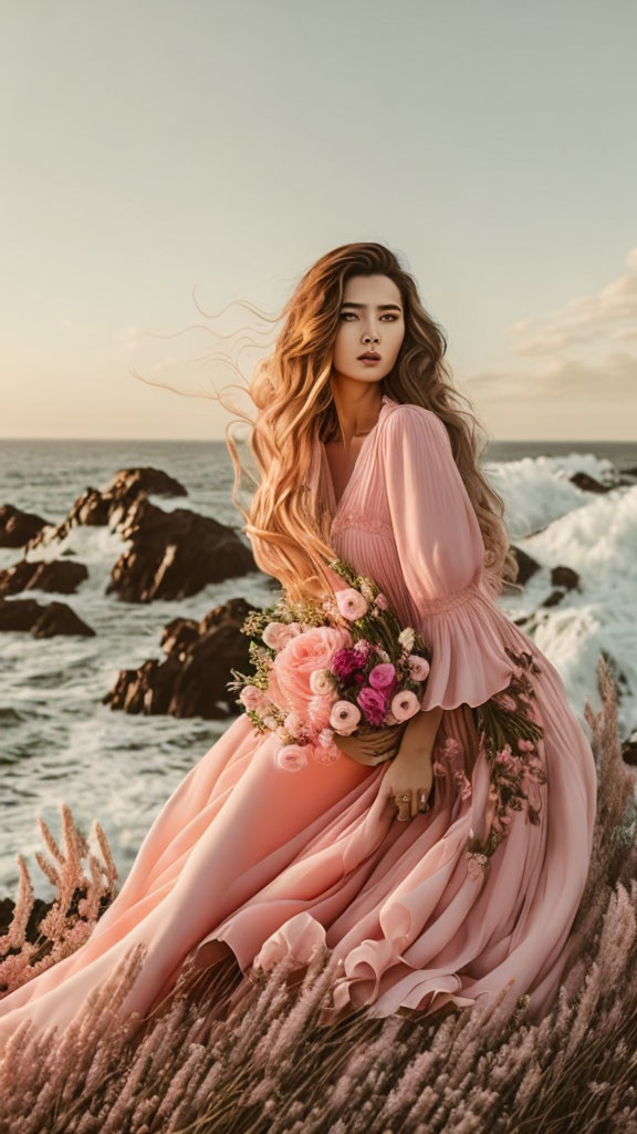 Woman in Pink Dress Sitting in Tall Grass at Sunset