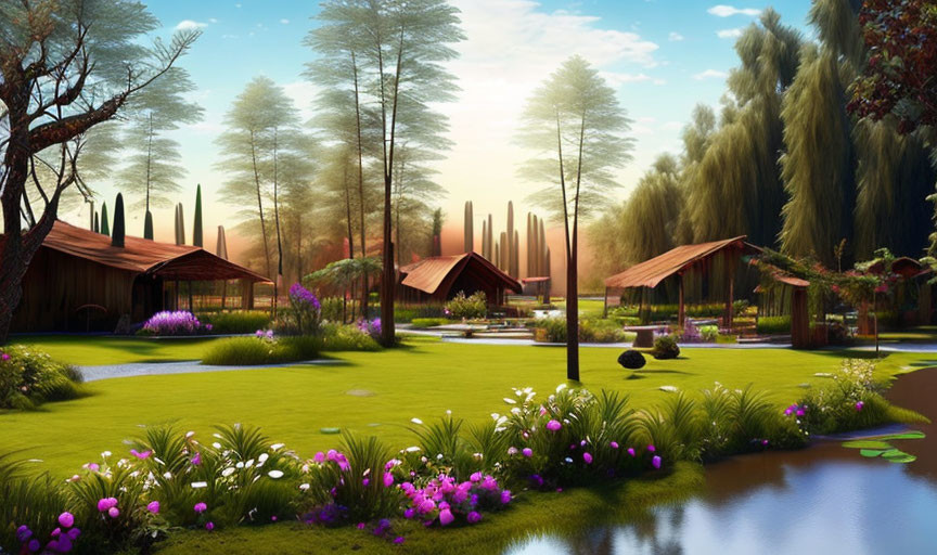 Tranquil landscape with wooden cabins, lush lawns, purple flowers, ponds, tall trees