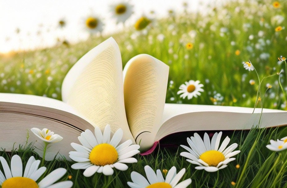 Open book with fluttering pages on grass field with daisies under sunlit sky