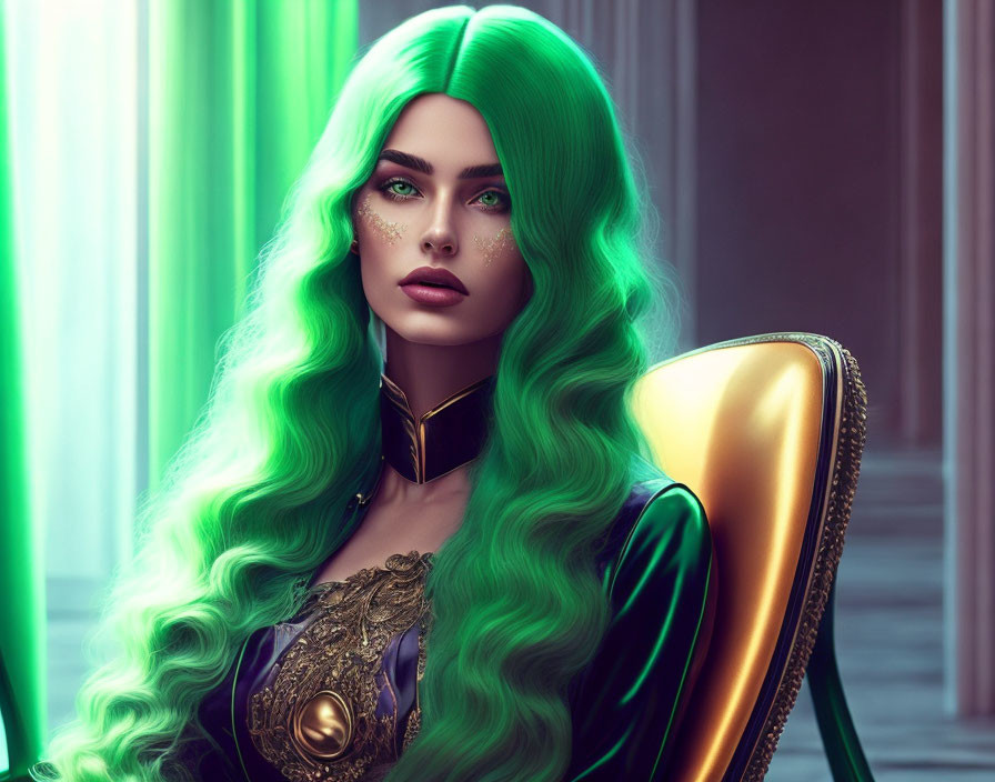 Stylish woman with green hair in chic golden outfit against green-lit backdrop