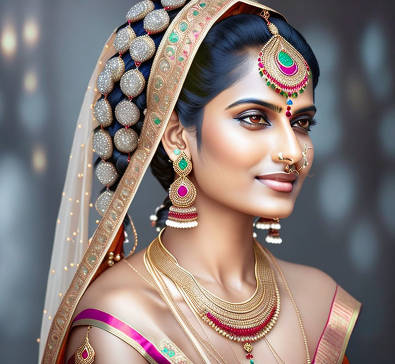 Detailed portrait of woman in traditional Indian bridal attire