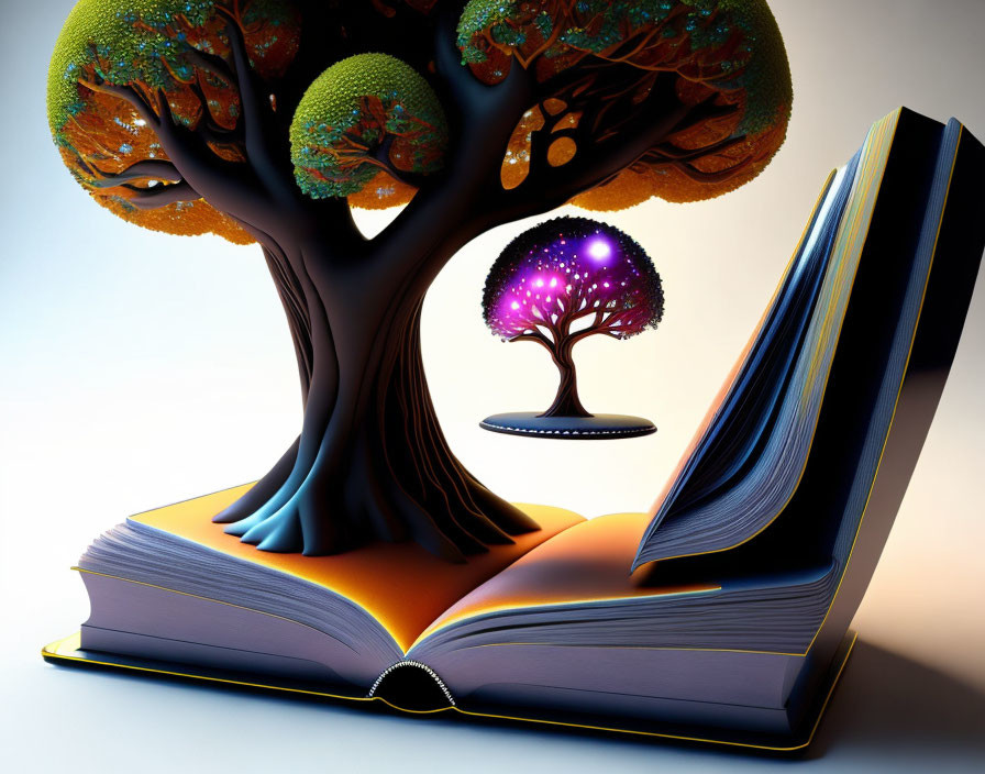 Surreal image: Large tree grows from open book, magical tree emerges.