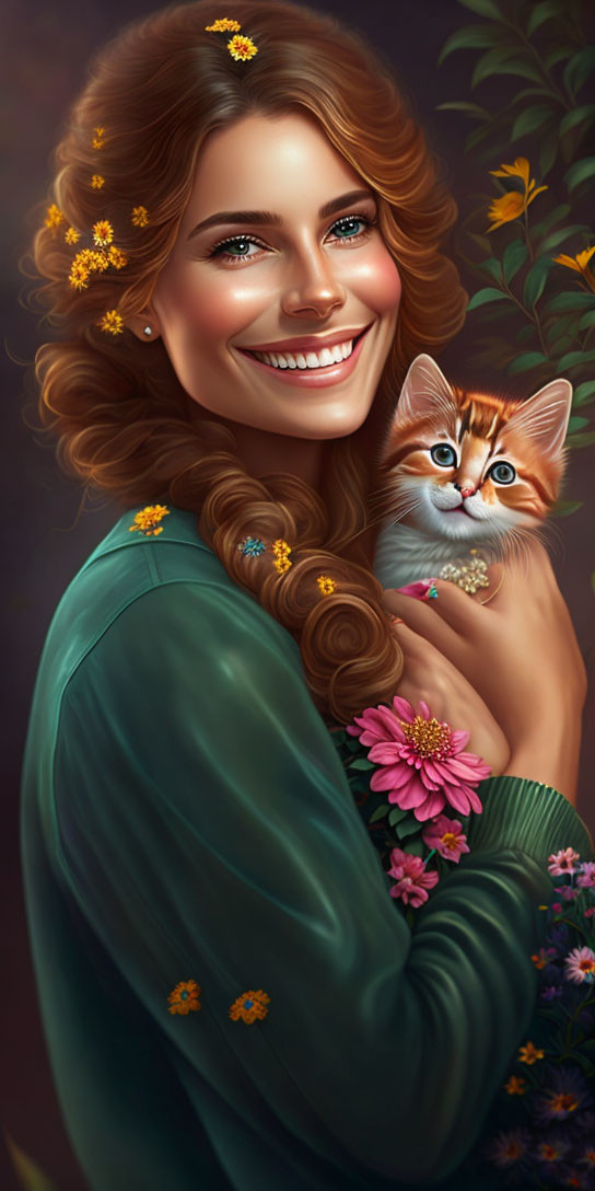 Smiling woman with brown hair holding orange tabby kitten in nature