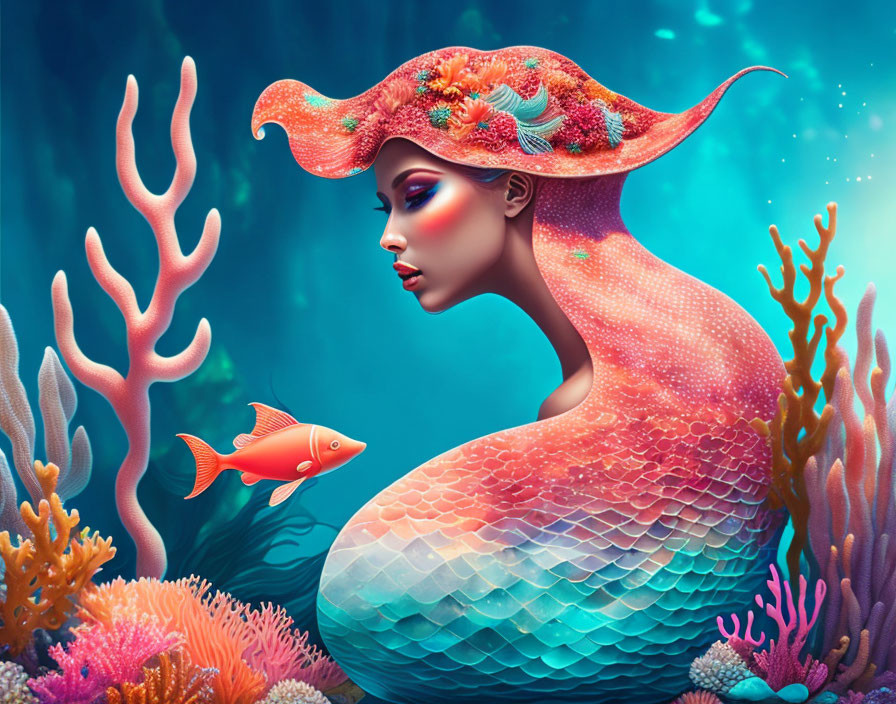 Colorful mermaid illustration with coral head and shimmering tail among underwater flora.