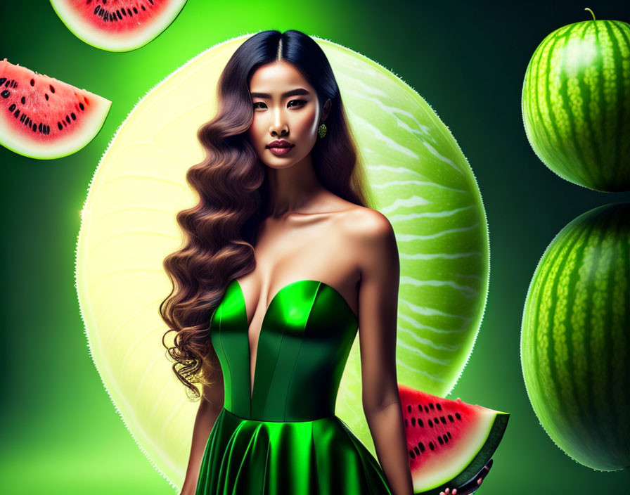 Woman in Green Watermelon-Themed Dress Surrounded by Watermelons