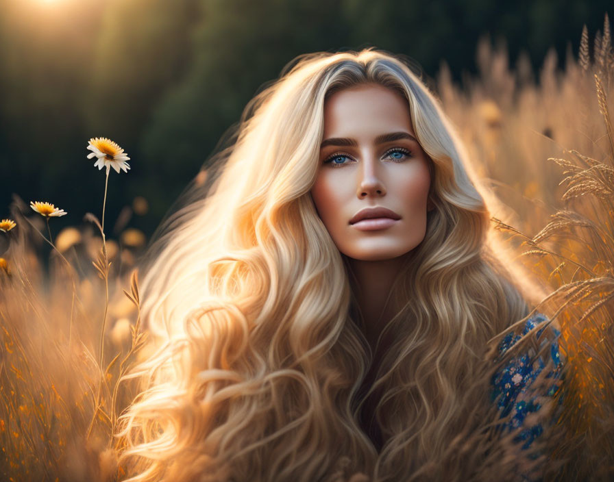 Blonde woman with blue eyes in sunlit field with daisy