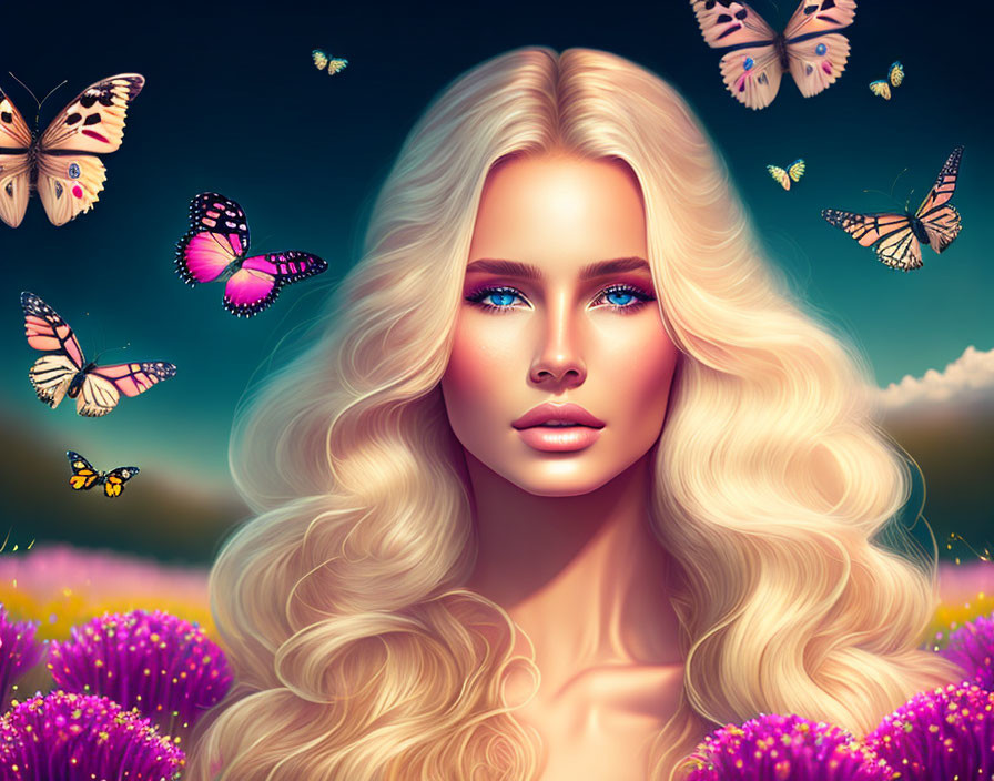 Blonde woman with blue eyes, butterflies, and flowers in digital art