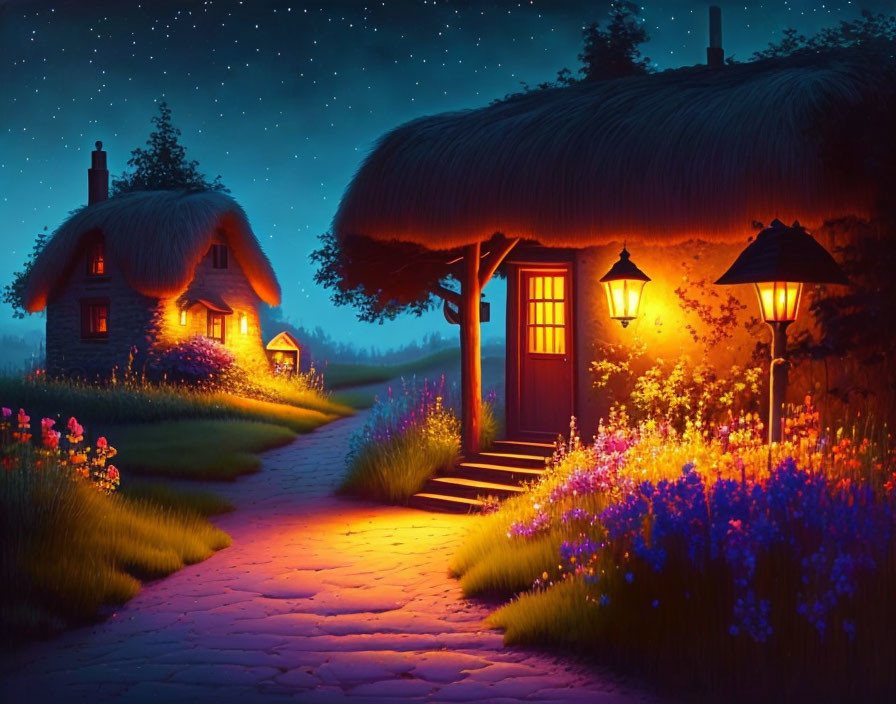 Twilight scene of thatched cottages, starry sky, flowers, and cobblestone path