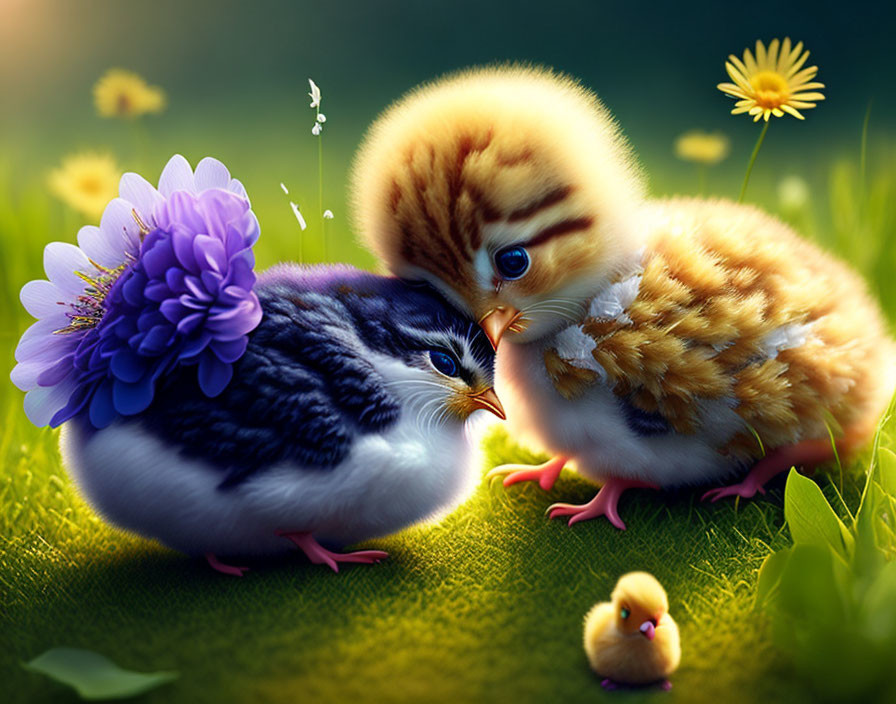 Whimsical chicks and tiny bird in lush field with flower on chick's back.