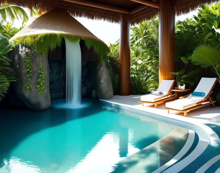 Tranquil pool with waterfall, thatched hut, lush greenery, lounge chairs