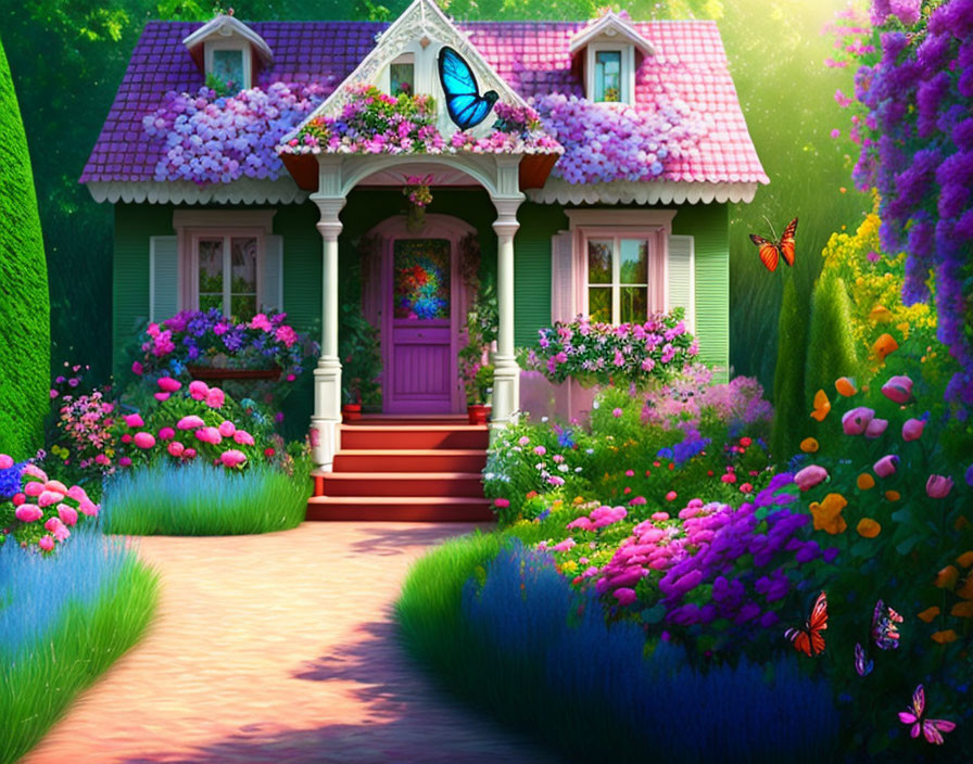 Colorful Fairytale Cottage with Purple Door in Enchanting Garden