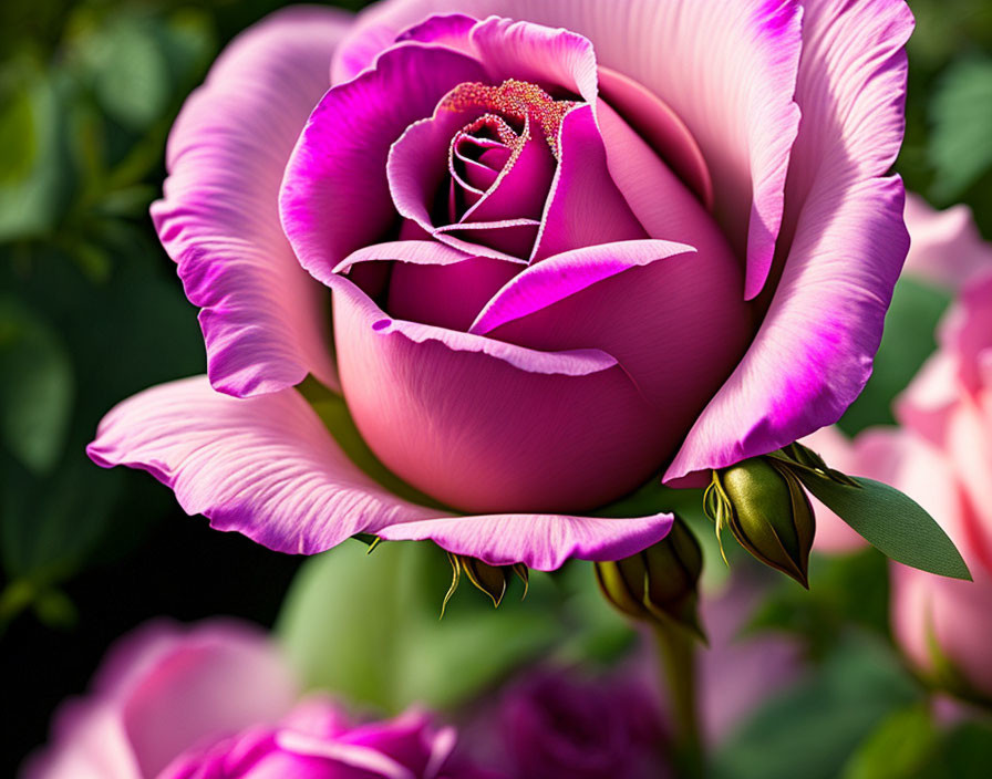 Vibrant pink rose with delicate petals and stamen on blurred greenery background