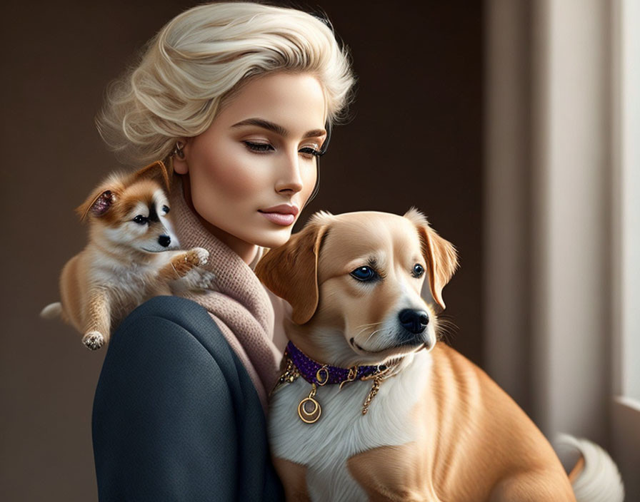 Platinum blonde woman with two dogs, one on shoulder.