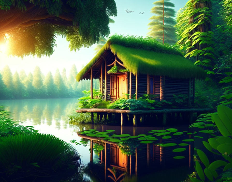 Tranquil lakeside wooden cabin with lush greenery and clear sky