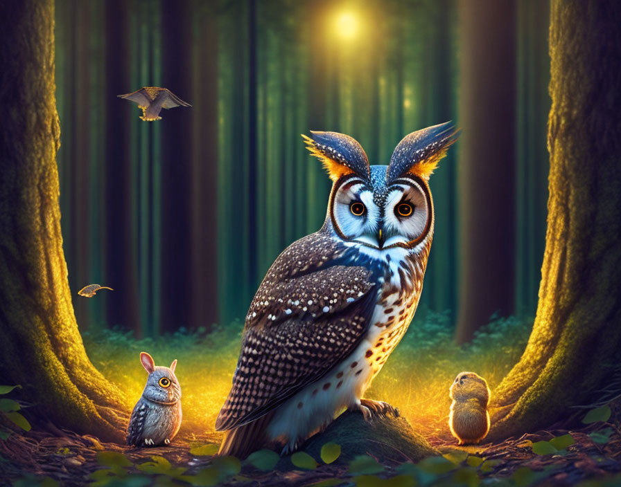 Whimsical owl, bird, and mouse in sunlit forest