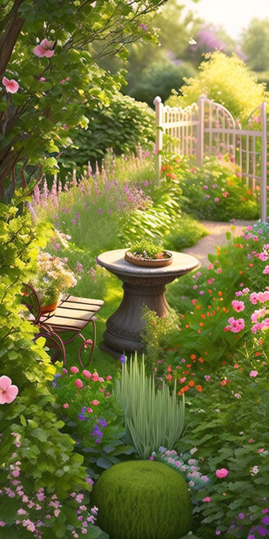 Vibrant flower-lined garden pathway with picket gate, stone pedestal, and blossoming bench