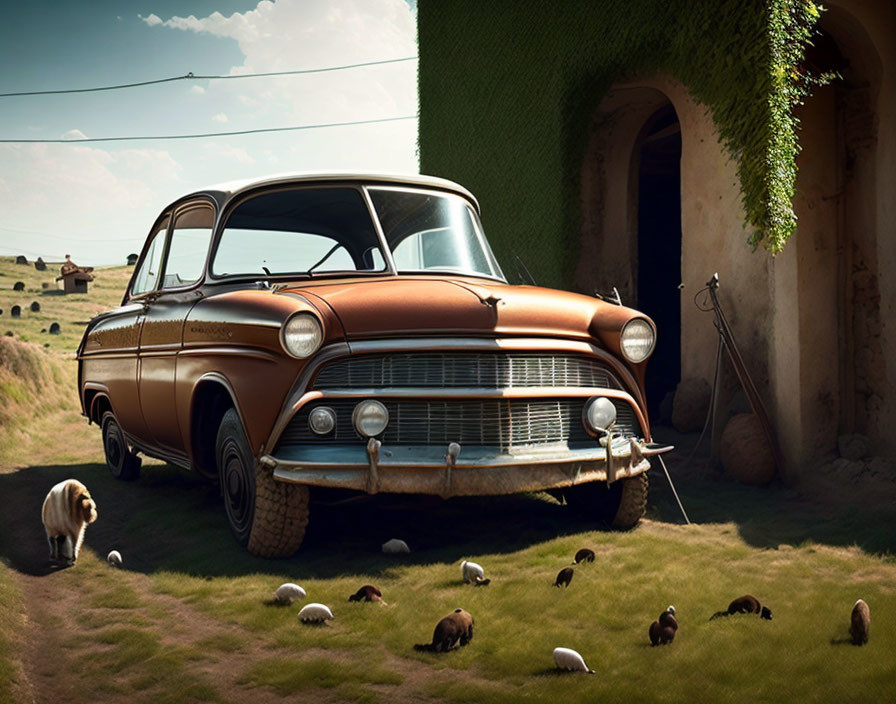 Vintage Car Parked Near House with Grazing Sheep and Dog on Grass Field