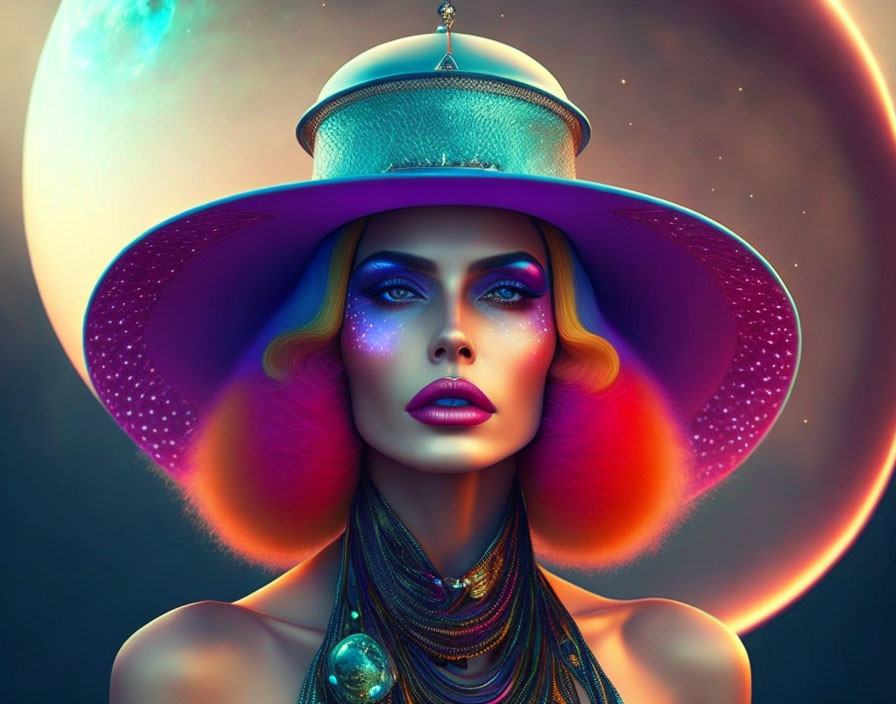 Woman with cosmic makeup and galaxy hat under glowing moon