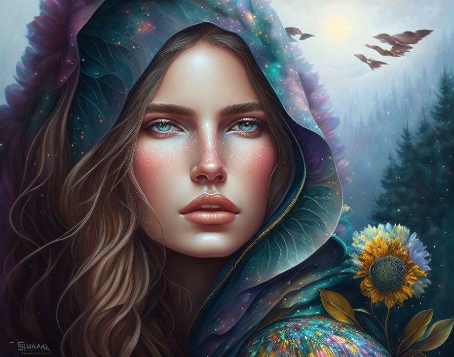 Digital artwork: Woman with cosmic hood, freckled cheeks, sunflower, in twilight forest with