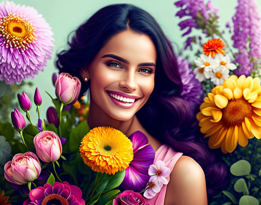 Colorful Flowers Surround Radiant Woman Smiling