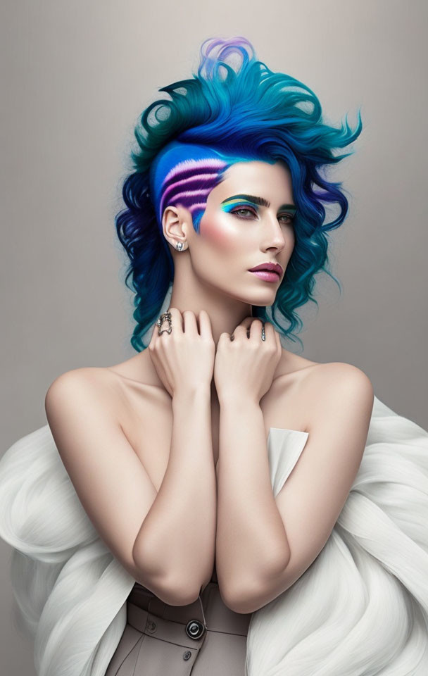 Vibrant blue hair woman with artistic makeup in white fluffy collar pose.