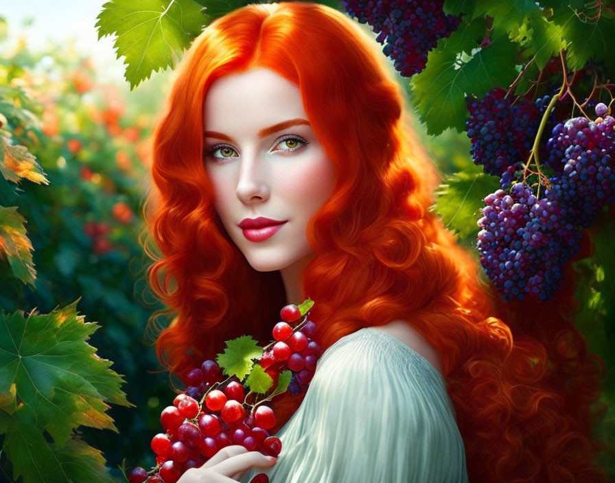 Vibrant digital artwork: woman with red hair, green eyes, holding grapes among grapevines