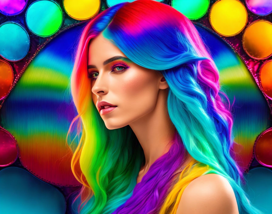 Colorful Rainbow-Haired Woman on Vibrant Backdrop