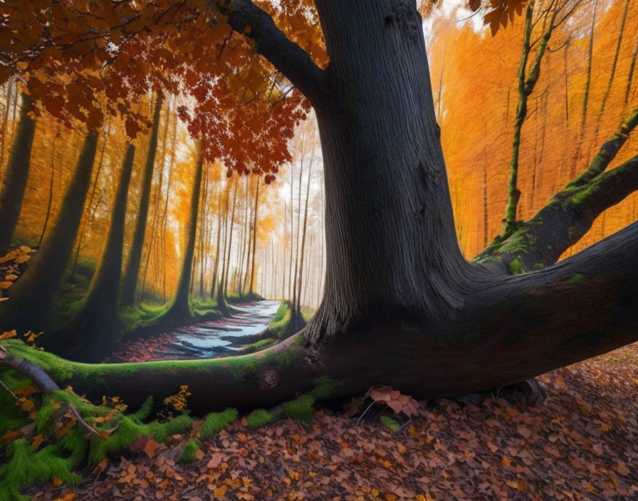 Twisted tree trunk against misty autumn forest with orange leaves