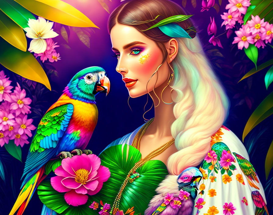 Illustrated woman with white hair, parrot, and tropical flowers.