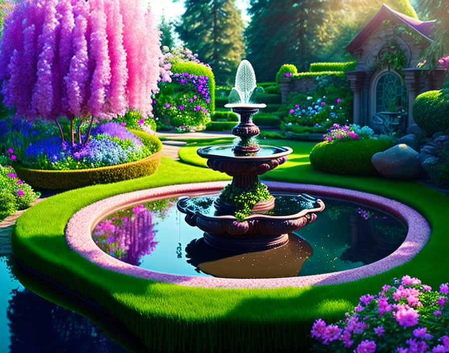 Lush Garden with Water Fountain and Colorful Trees