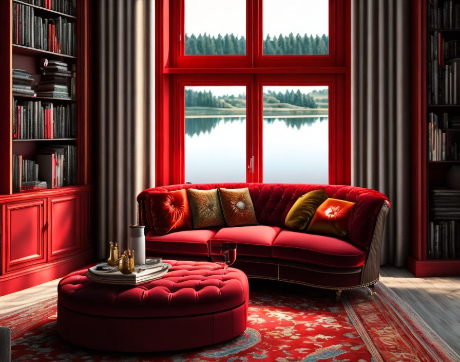 Luxurious Red-themed Library with Plush Sofa & Lake View