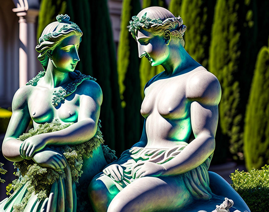 Classic-style statues of female figures with laurel wreaths in greenish light against garden backdrop