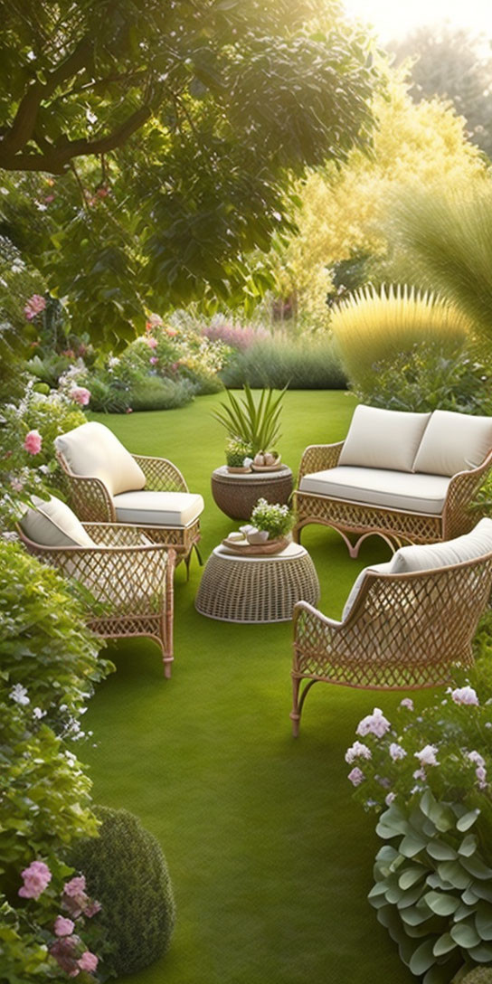 Tranquil garden scene with rattan furniture, lush greenery, and blooming flowers