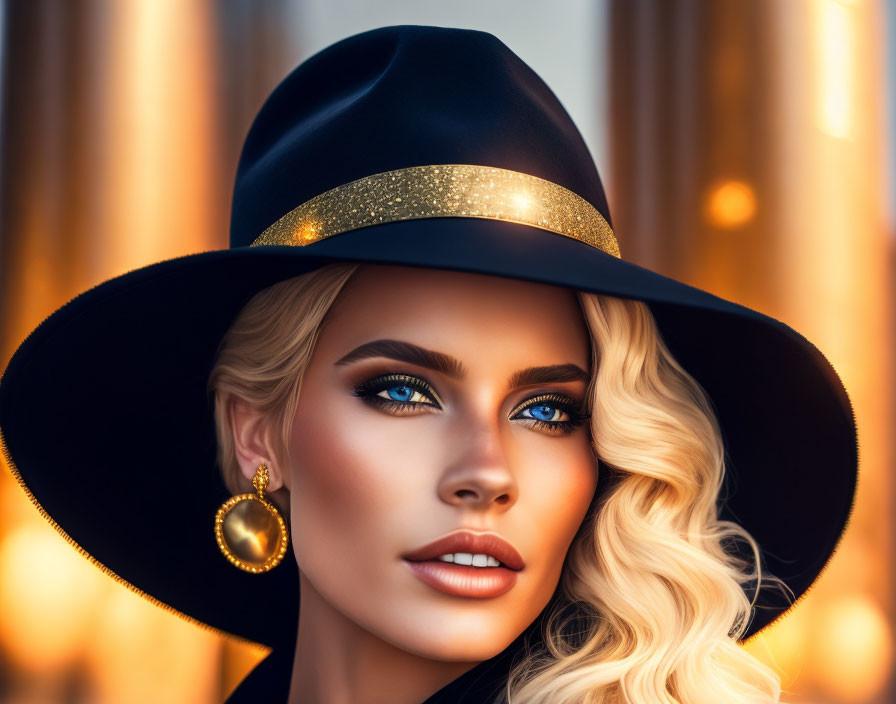 Portrait of woman with blue eyes in black hat and gold accessories.