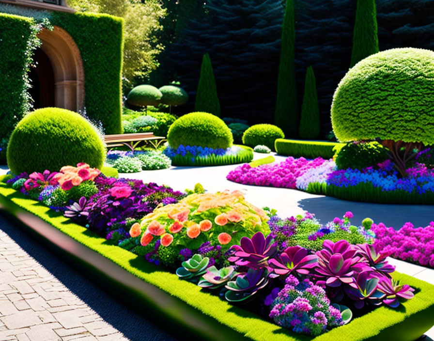 Manicured garden with colorful flowers and topiaries