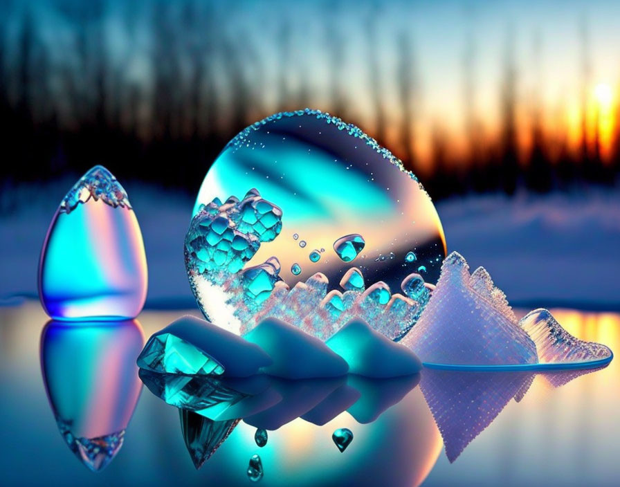 Digital artwork featuring crystal-like objects and a reflective bubble against a dreamy landscape at twilight