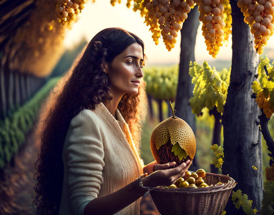 Woman in beige cardigan holding lantern in vineyard at golden hour