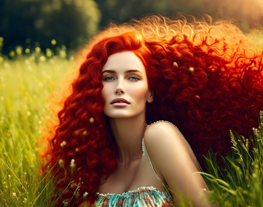 Red-haired woman with blue eyes in a sunny field