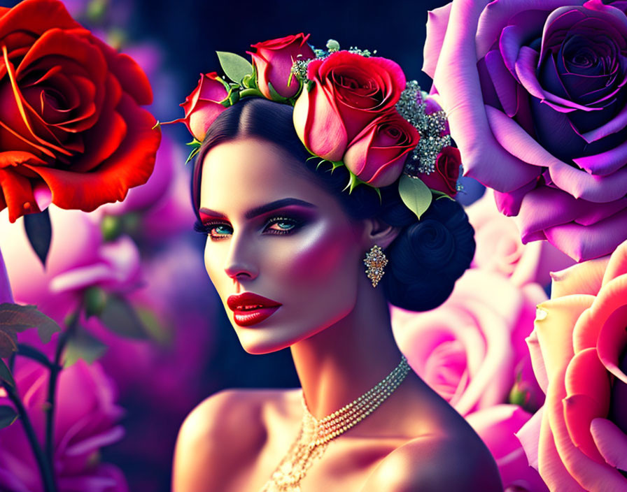 Floral headpiece woman surrounded by vibrant roses in elegant attire