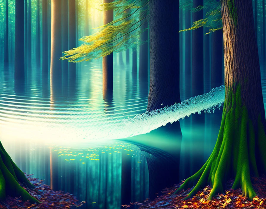 Tranquil forest scene with blue light, reflecting on water surface