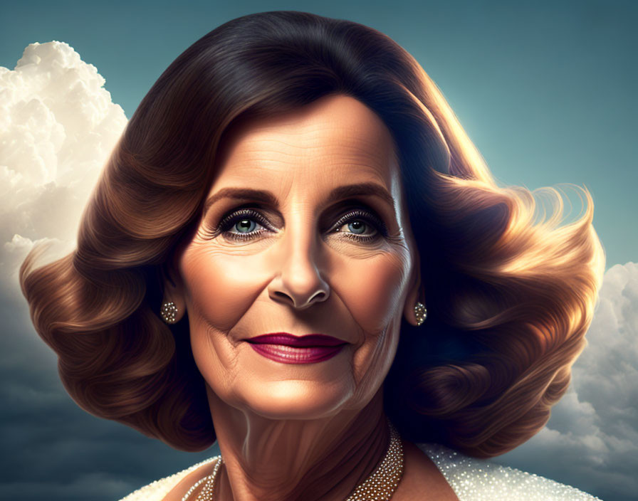 Portrait of elegant mature woman with voluminous hair and pearls against cloudy sky