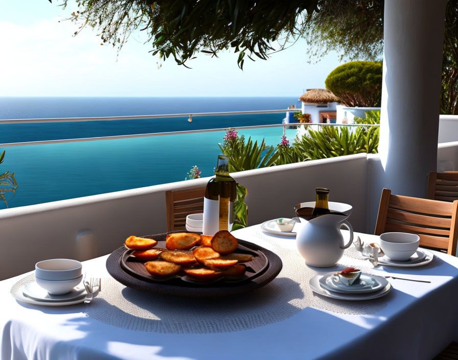 Outdoor Sea View Dining with Fried Delicacies, Wine Bottle, and Teapot