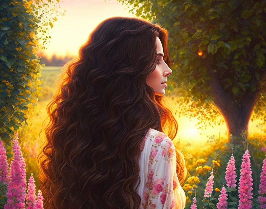 Woman with Long Curly Hair in Field at Sunset with Blooming Flowers