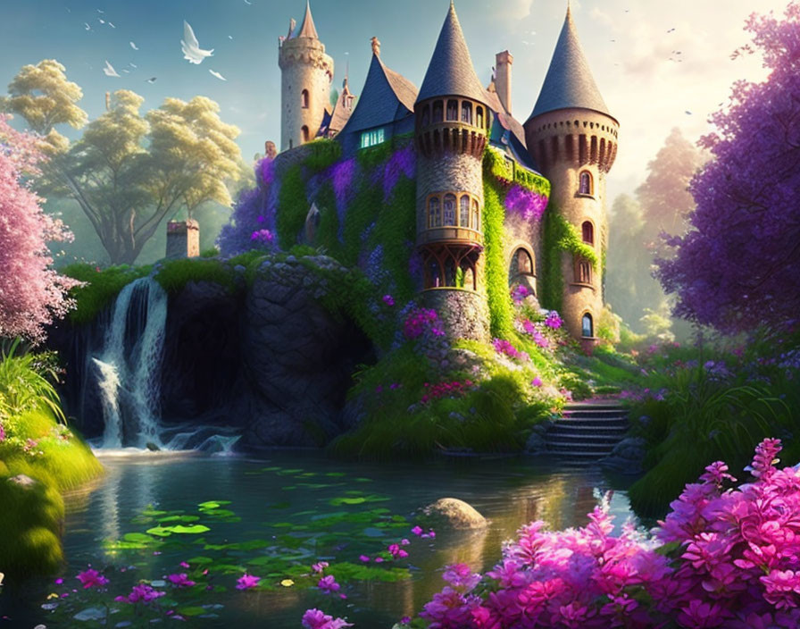 Ivy-covered fairytale castle with towers and turrets in lush green setting