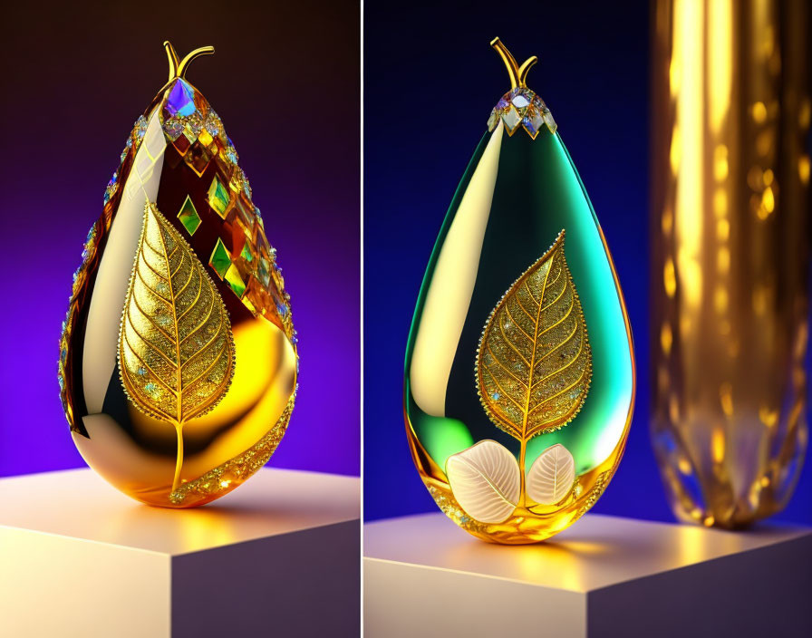 Ornate pear-shaped objects with jewel and leaf inlays on purple background