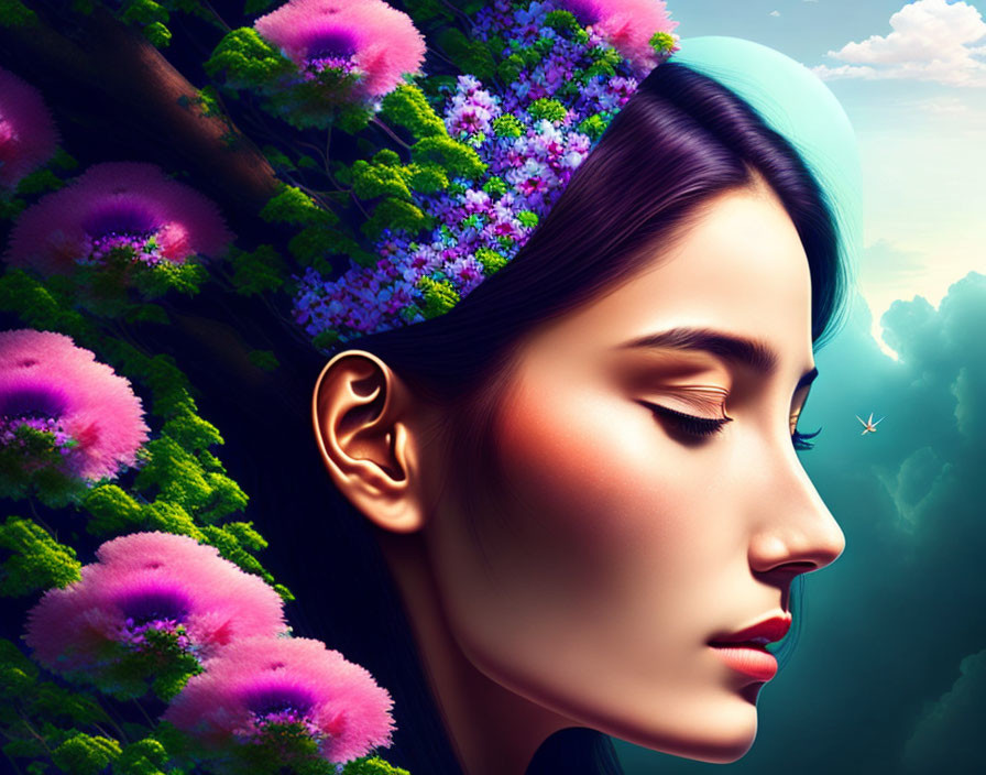 Woman's profile merges with vibrant nature elements in digital art