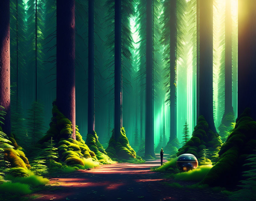 Tranquil forest landscape with tall trees, sunny path, greenery, and figure with small robot