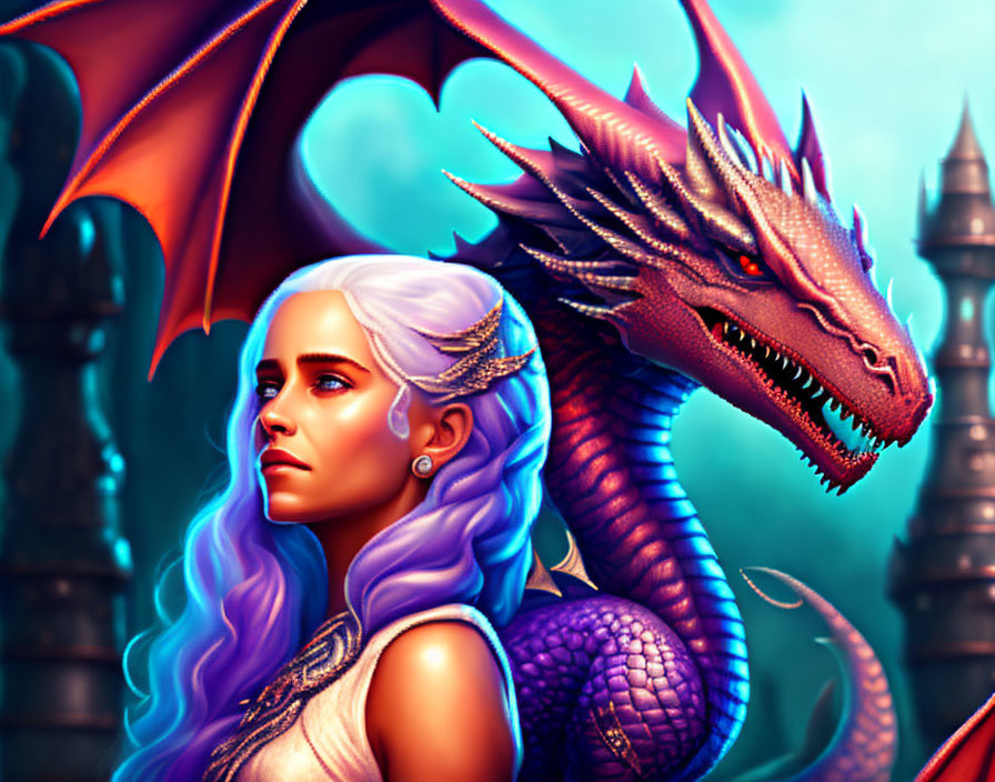 White-Haired Woman with Red-Eyed Dragon in Fantasy Scene