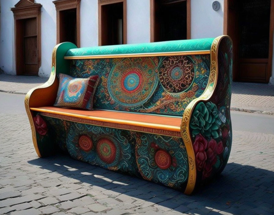 Colorful Ornate Patterned Outdoor Sofa on Cobblestone Street surrounded by White Buildings