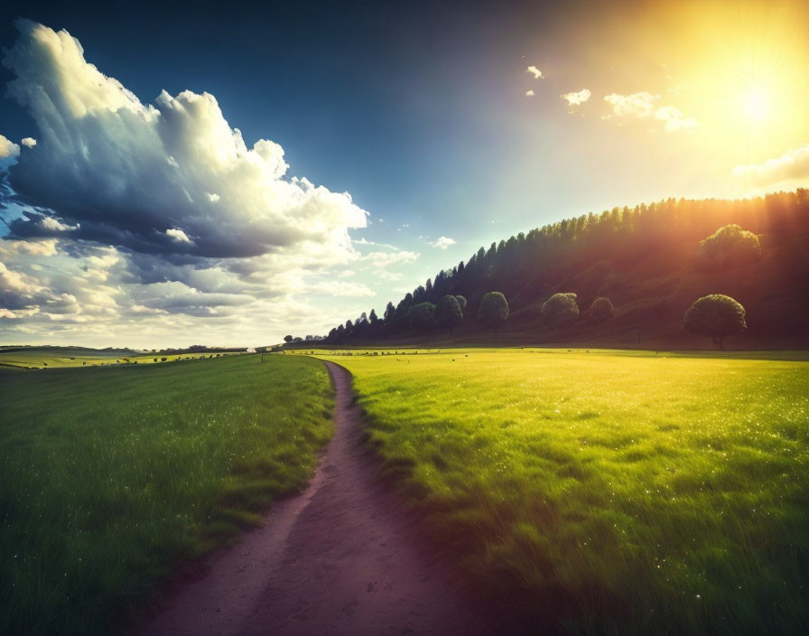 Lush green field with scenic dirt path under dramatic sky